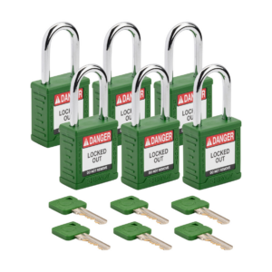 Candados de nailon para bloqueo de seguridad Velocity - De llaves diferentes, Verde, Arco de acero, Paquete de 6 unidades